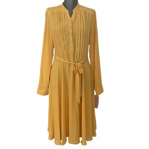 NWT Nanette Lepore Autumn Gold Midi Pintuck Long Sleeve Pleat Dress Sz 6